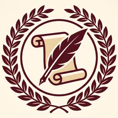 Quill-and-scroll medal emblem in a laurel wreath